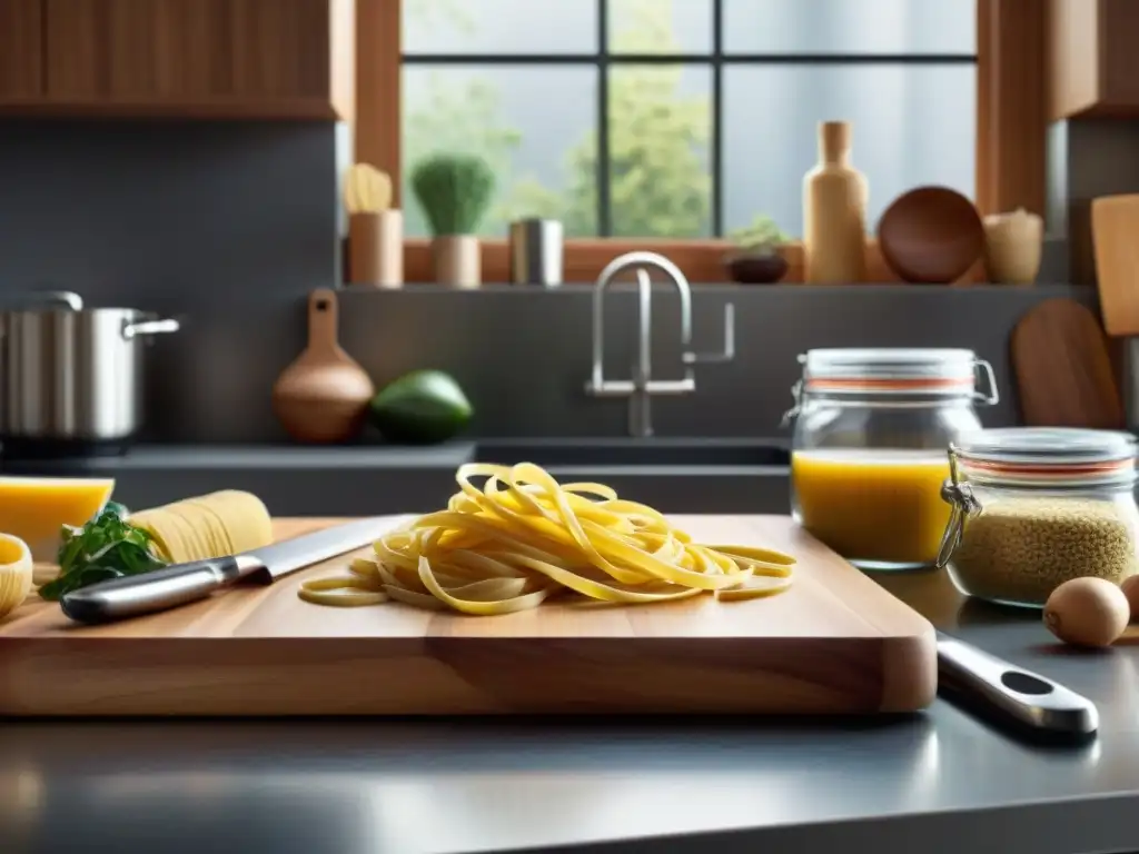 Escena inspiradora de cocina con utensilios modernos para recetas de pasta sin gluten