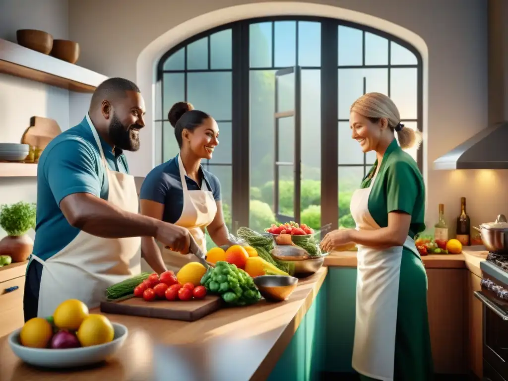 Una escena inspiradora en una cocina vibrante, comunidad cocinando juntos con ingredientes sin gluten