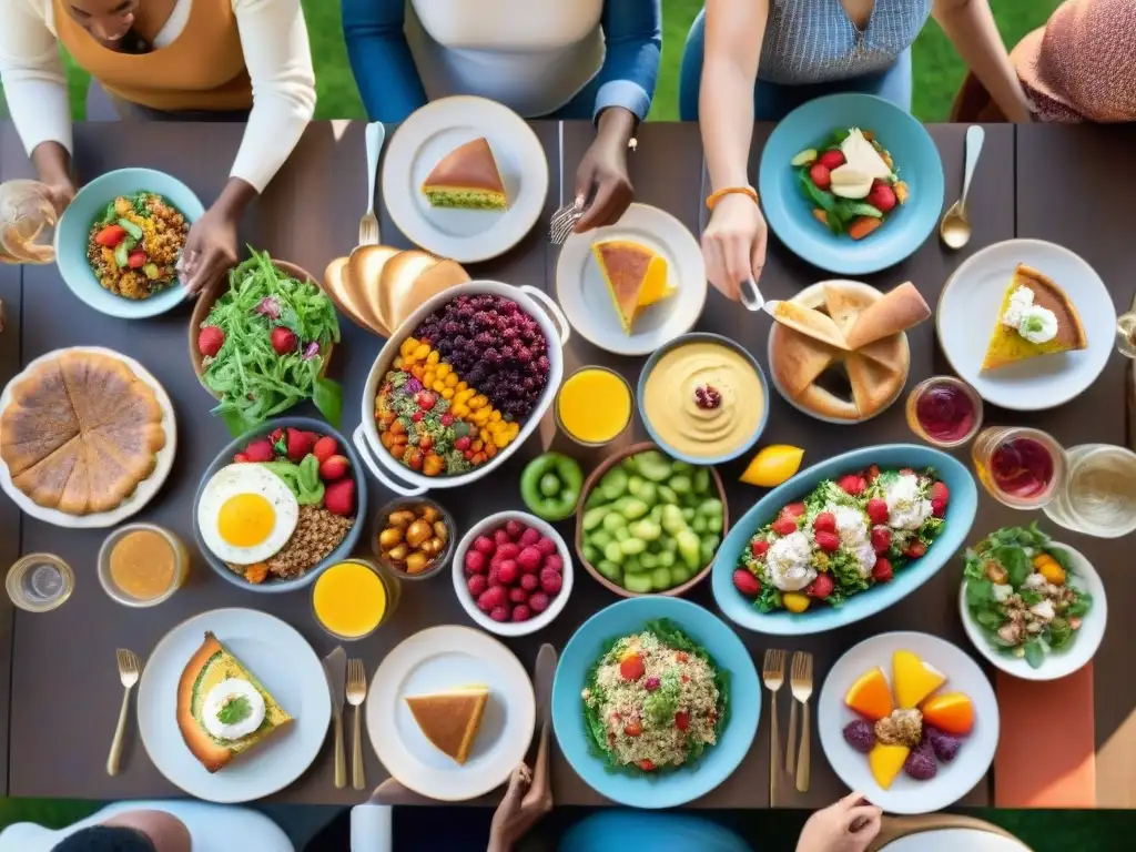 Una escena inspiradora: comunidad diversa disfruta de una mesa llena de delicias sin gluten, compartiendo alegría y camaradería