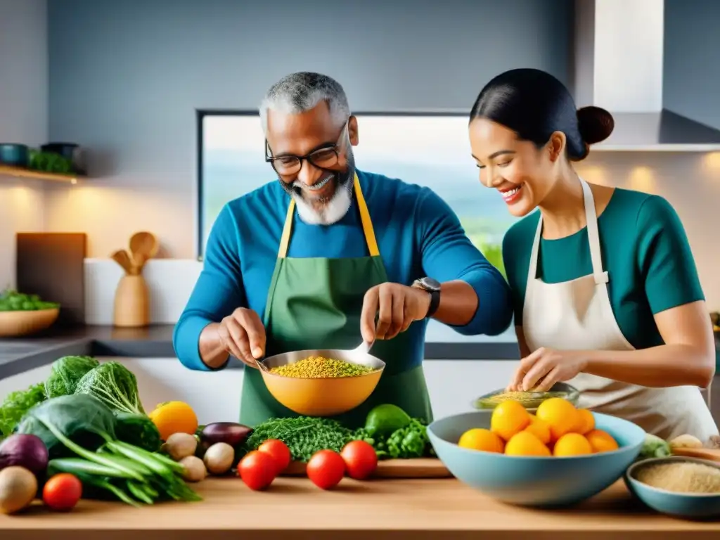 Una escena inspiradora de personas preparando recetas sin gluten innovadoras en una cocina moderna y luminosa