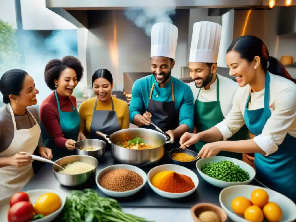 Una escena de intercambio cultural en cocina sin gluten, personas de distintas culturas cocinando juntas con pasión y camaradería