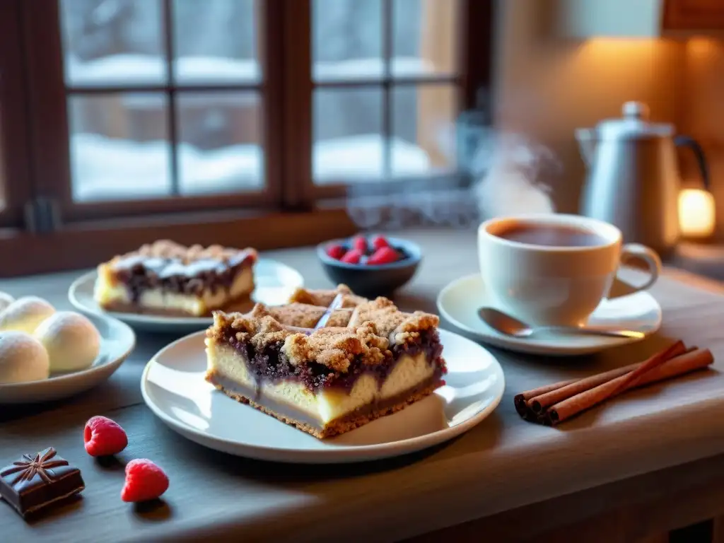 Escena invernal reconfortante: mesa rústica llena de deliciosos postres sin gluten y bebida caliente, iluminada por luz natural