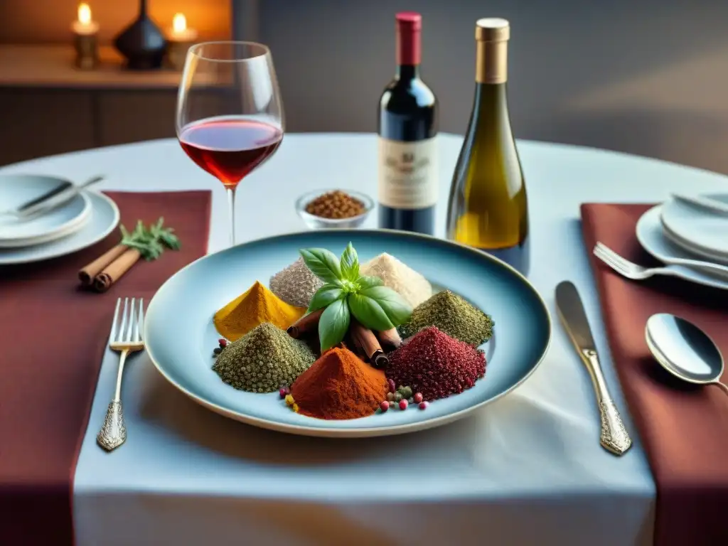 Escena lujosa de maridaje vinos y especias sin gluten en mesa elegante con fina vajilla y copas cristalinas