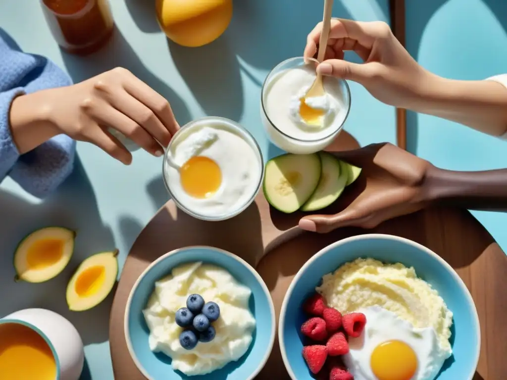 Una escena matutina llena de alegría con variedad de alimentos probióticos sin gluten