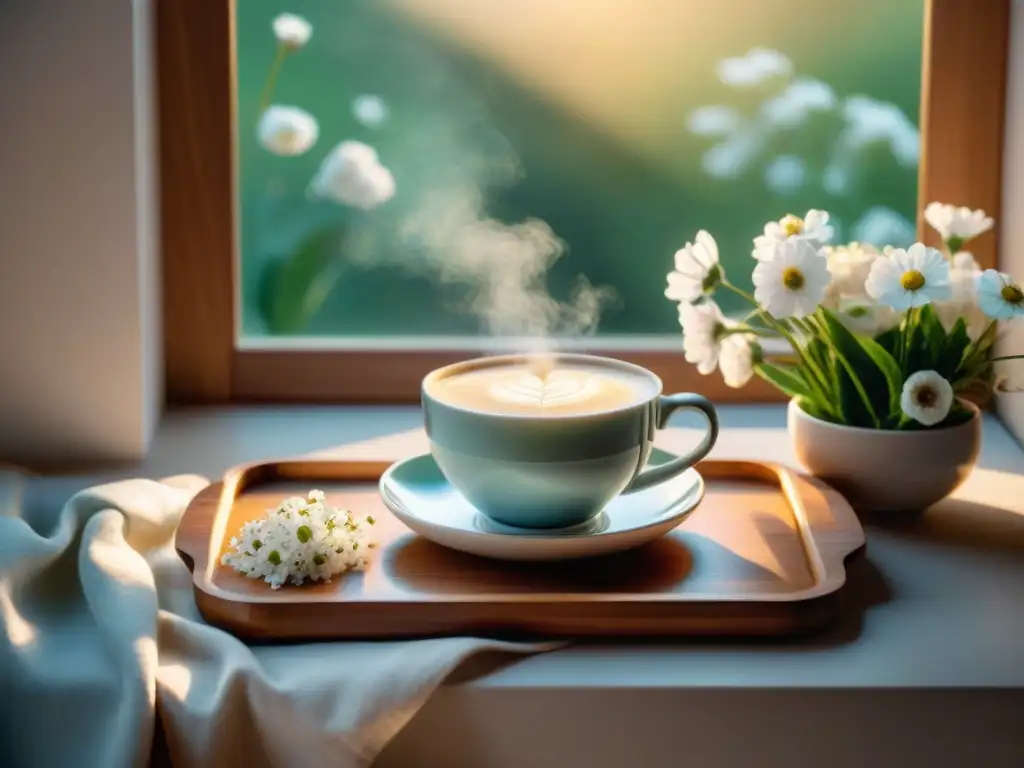 Desayuno tranquilo con leche de avena sin gluten y flores frescas Una escena matutina serena con bebida de avena sin gluten, flores frescas y luz cálida