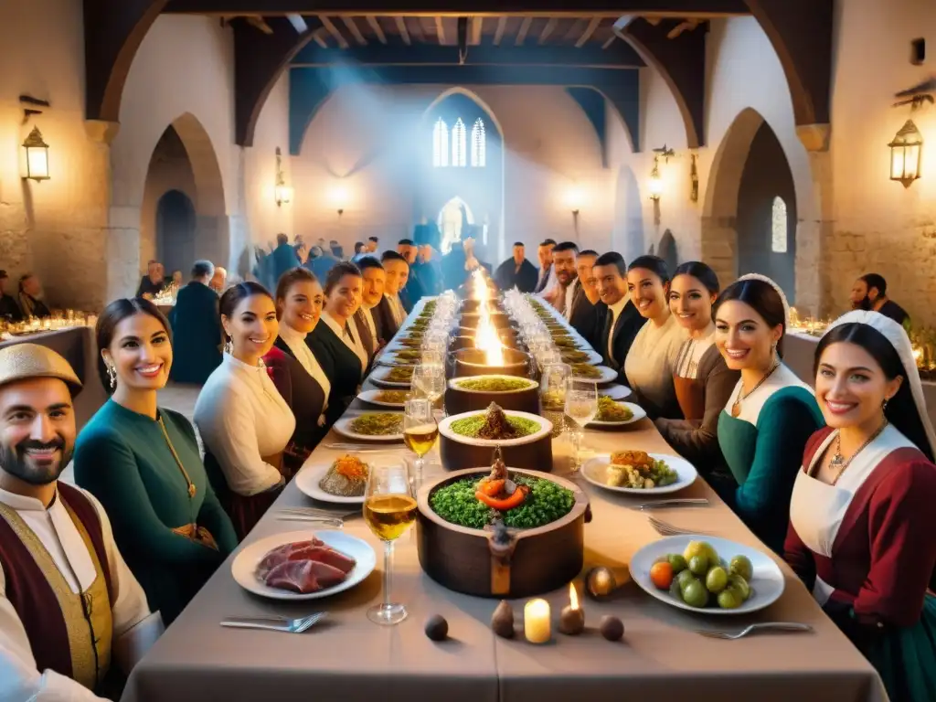 Escena medieval en Burgos sin gluten: mesa llena de manjares rodeada de gente vestida de época en un salón rústico iluminado por velas