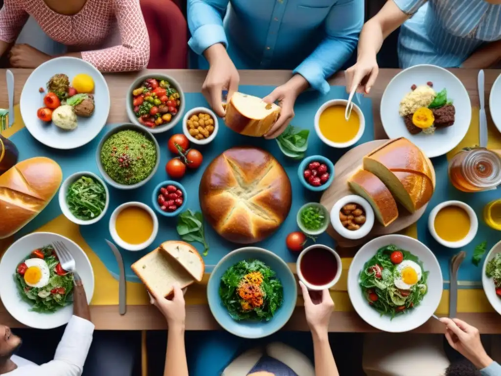 Una escena multicultural de personas disfrutando de una comida sin gluten, llena de color y sabor