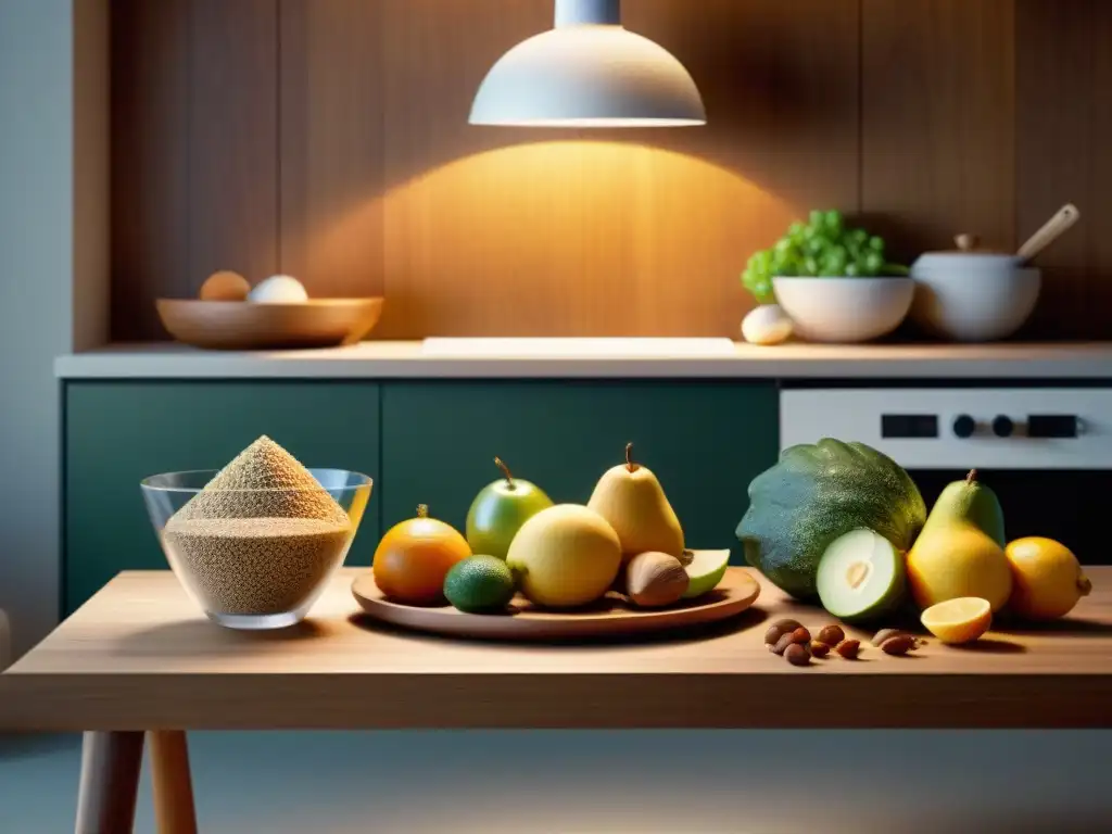 Una escena nocturna serena en una cocina con mesa de madera lista para una persona, con productos orgánicos sin gluten