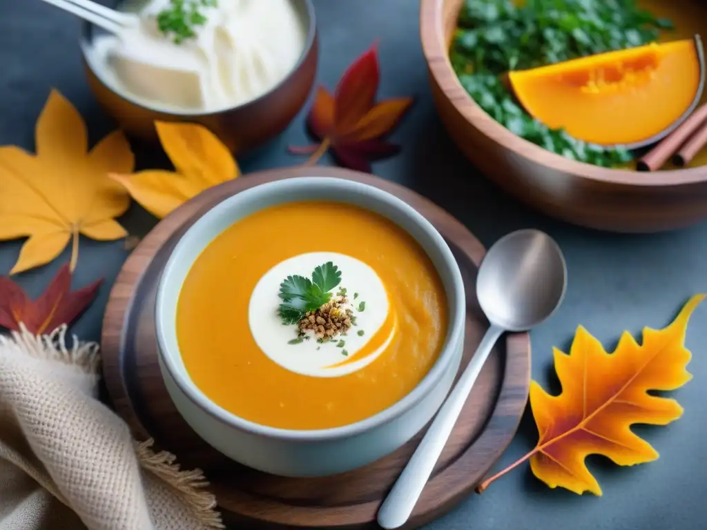 Una escena otoñal reconfortante: sopas de otoño sin gluten con crema de coco, rodeadas de hojas de colores y una manta de lana