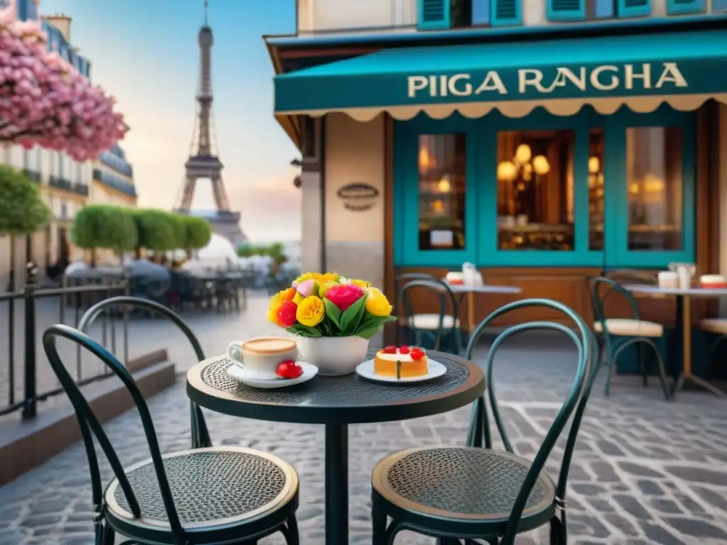 Escena parisina encantadora con mesas de hierro forjado, pasteles sin gluten y café fresco, con la Torre Eiffel al fondo