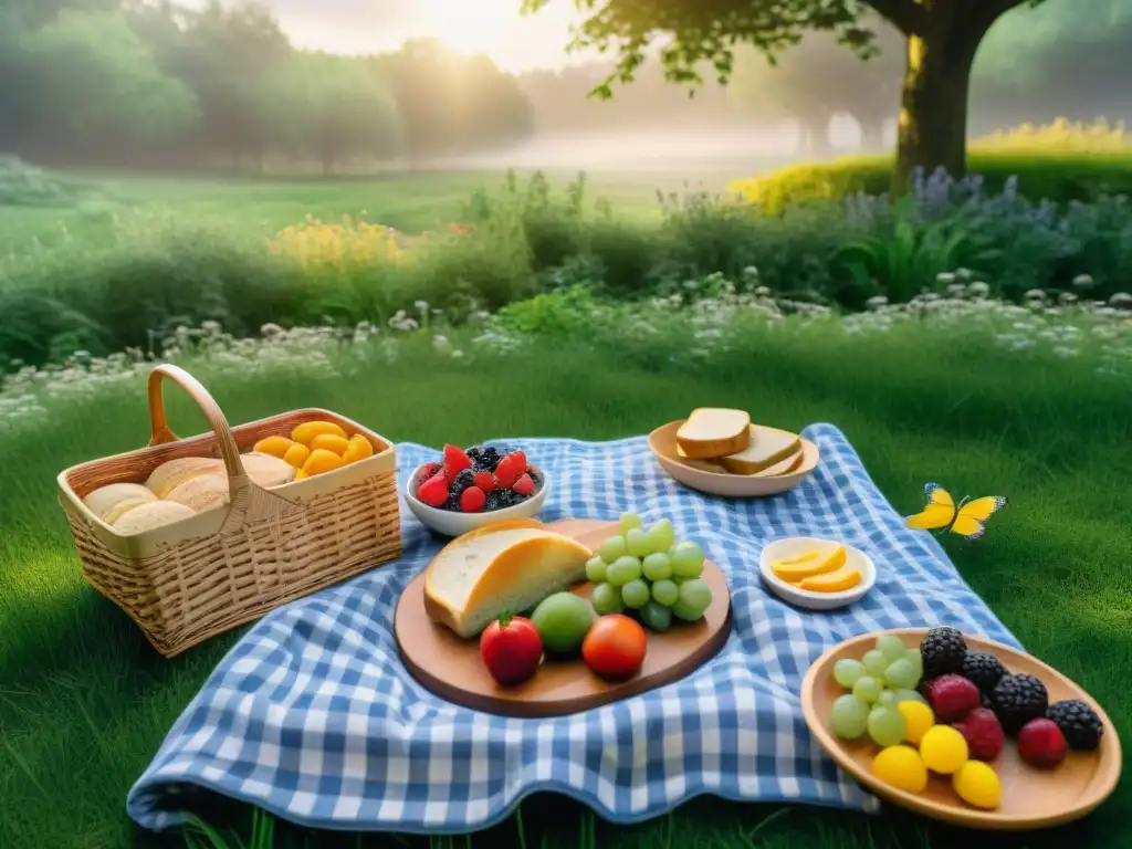 Escena de picnic sin gluten en el parque: sandwiches, ensaladas y frutas en tablas de madera y platos coloridos, rodeados de naturaleza y mariposas