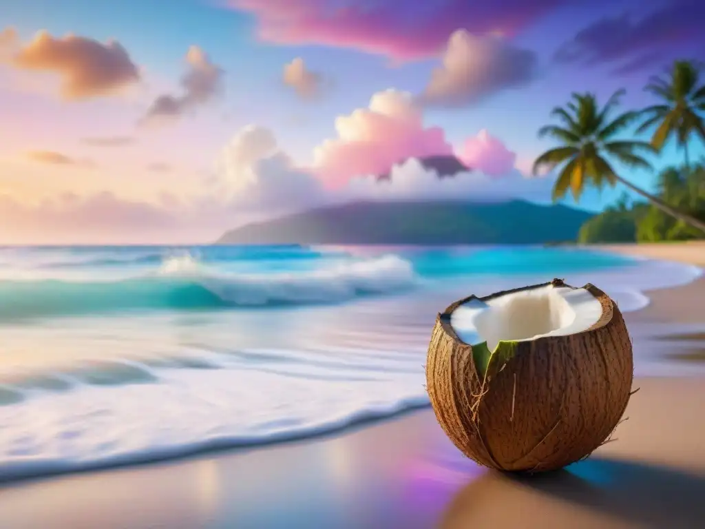 Escena de playa tropical al atardecer con palmera cargada de cocos maduros, mar turquesa y cielo colorido