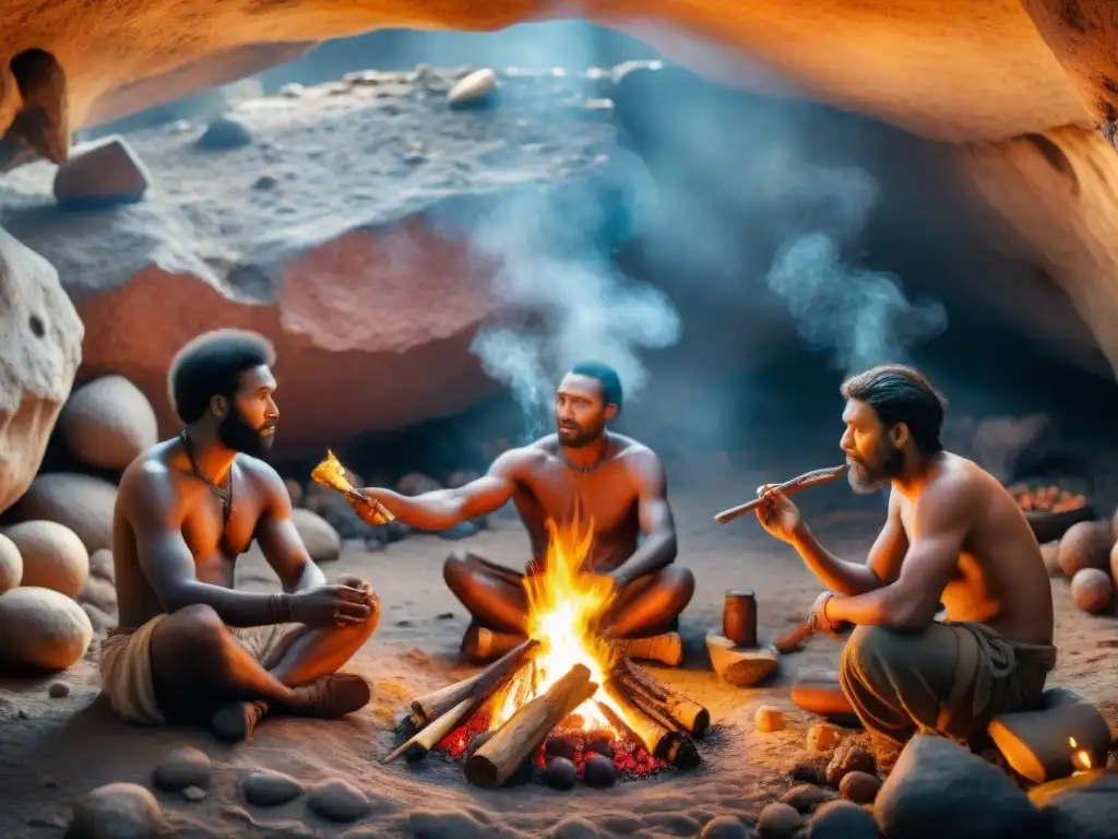 Escena prehistórica: antiguos humanos alrededor del fuego, cocinando y compartiendo una comida