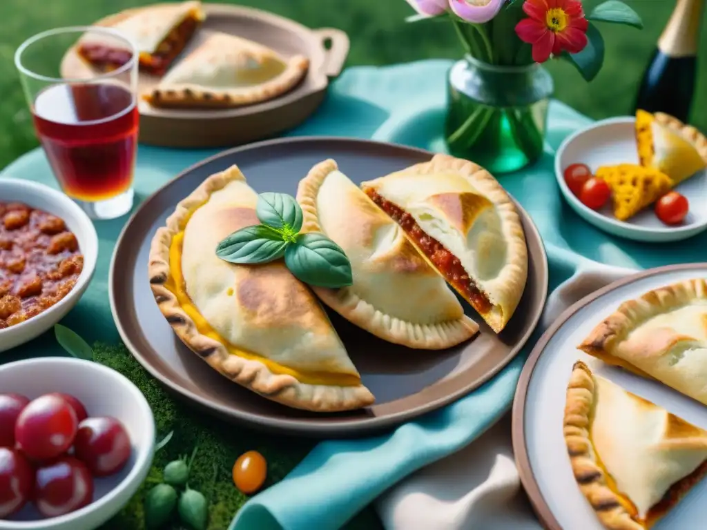 Una escena primaveral vibrante de picnic al aire libre con pizzas sin gluten y empanadas coloridas