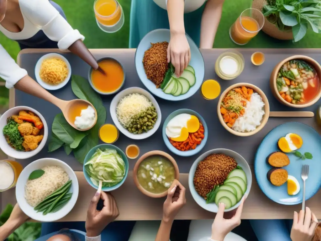 Una escena realista y detallada de individuos felices disfrutando de alimentos veganos sin gluten ricos en probióticos en un jardín soleado