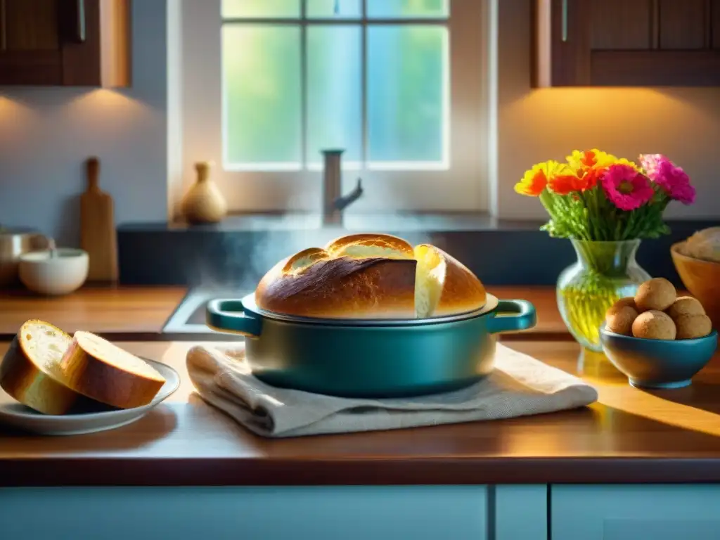 Escena reconfortante de cocina: pan y sopa sin gluten recién hechos, con flores coloridas