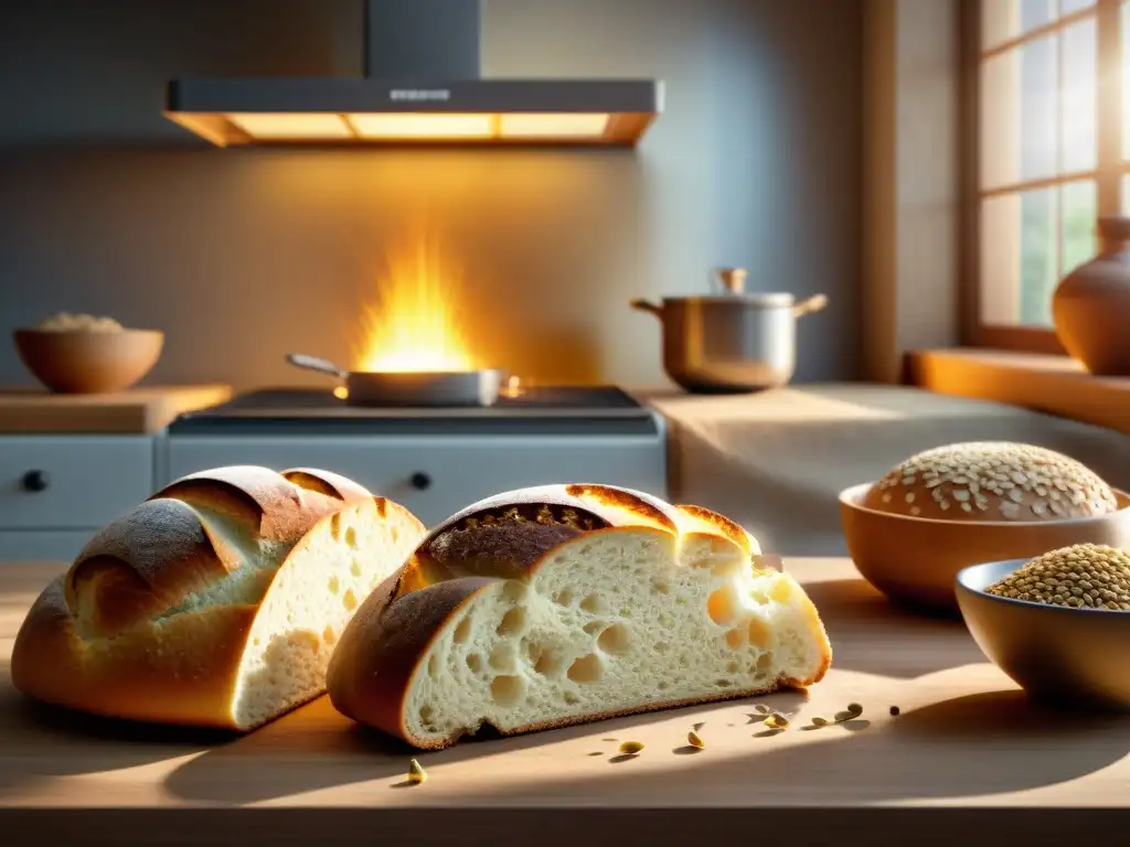 Una escena reconfortante en una cocina con pan sin gluten recién horneado, creando una atmósfera acogedora para la elaboración de pan en casa