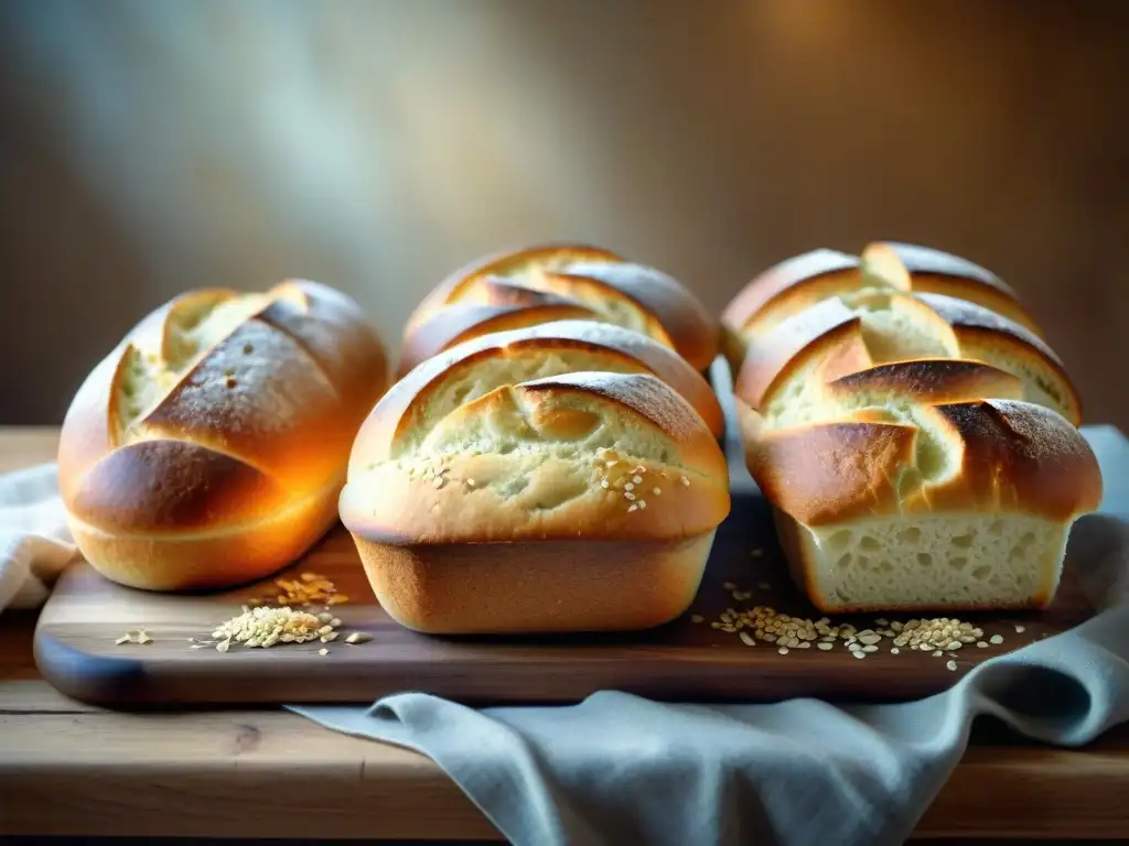 Una escena reconfortante de panes sin gluten bajos carbohidratos, texturas y formas variadas sobre una mesa rústica de madera