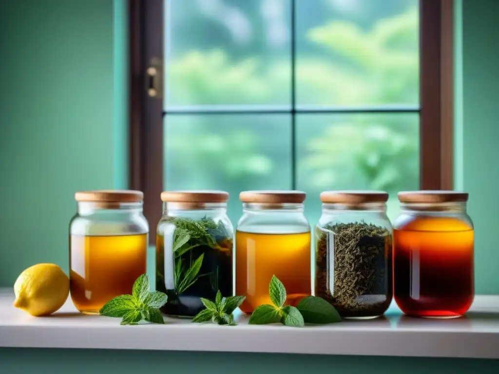 Escena relajante de dieta sin gluten: variedad de infusiones en frascos de vidrio, hojas de menta, limones y jengibre en encimera de cocina serena