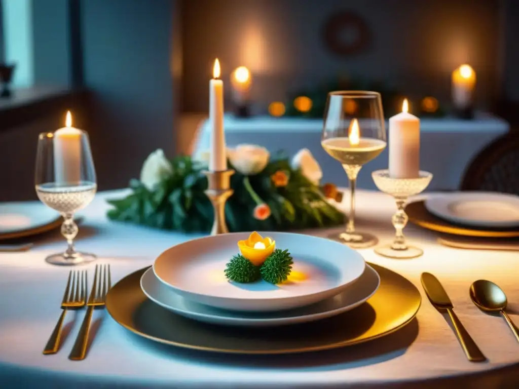 Escena romántica sin gluten: cena a la luz de las velas con platos artísticos