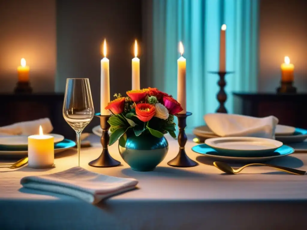 Escena romántica sin gluten: mesa elegante con velas, flores frescas y recetas de cena aromáticas y coloridas