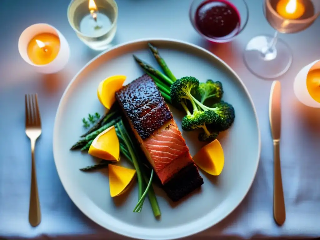 Escena romántica sin gluten: mesa elegante con quinoa, salmón, verduras y pastel de chocolate, iluminada por velas