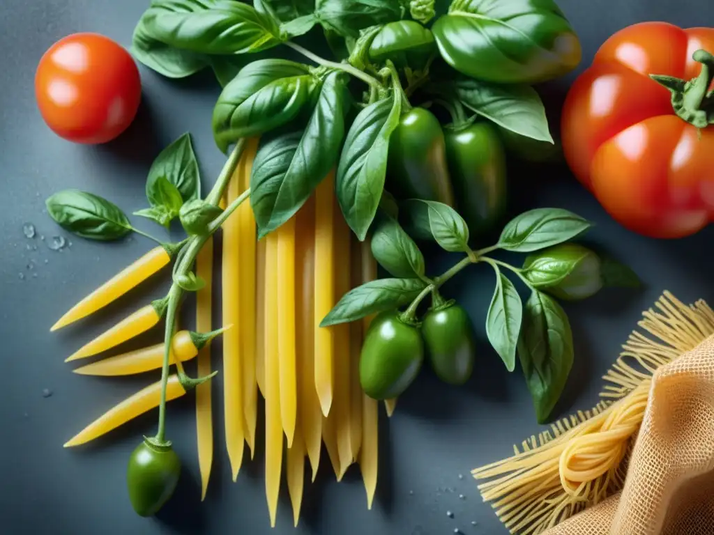 Una escena rústica con ingredientes frescos y coloridos para recetas pasta sin gluten sencillas