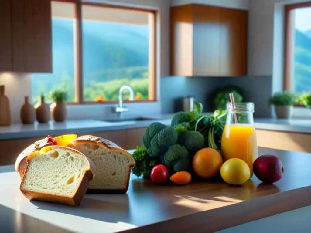 Escena saludable con mesa de madera llena de frutas, pan sin gluten y jugo, transmitiendo los beneficios de la dieta sin gluten en la salud