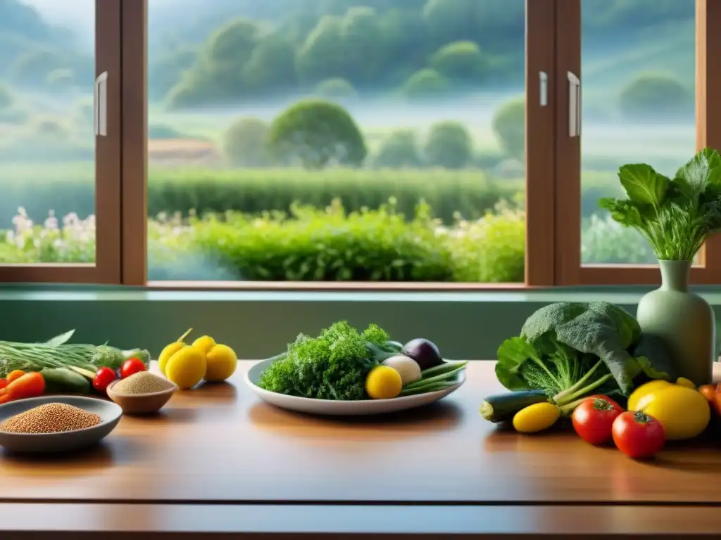 Una escena serena en la cocina con una comida sin gluten, resaltando la conexión con la naturaleza y la mindfulness en la alimentación sin gluten