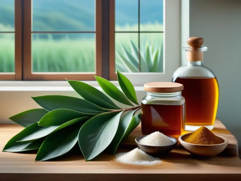 Una escena serena de cocina con edulcorantes naturales sin gluten dispuestos en un mostrador de madera rústico, iluminados por luz natural