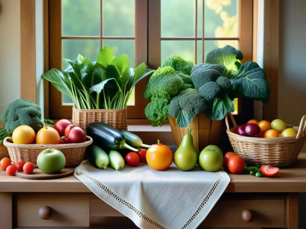 Una escena serena de cocina con frutas y verduras coloridas en cestas de mimbre sobre una mesa rústica de madera, iluminada por luz natural