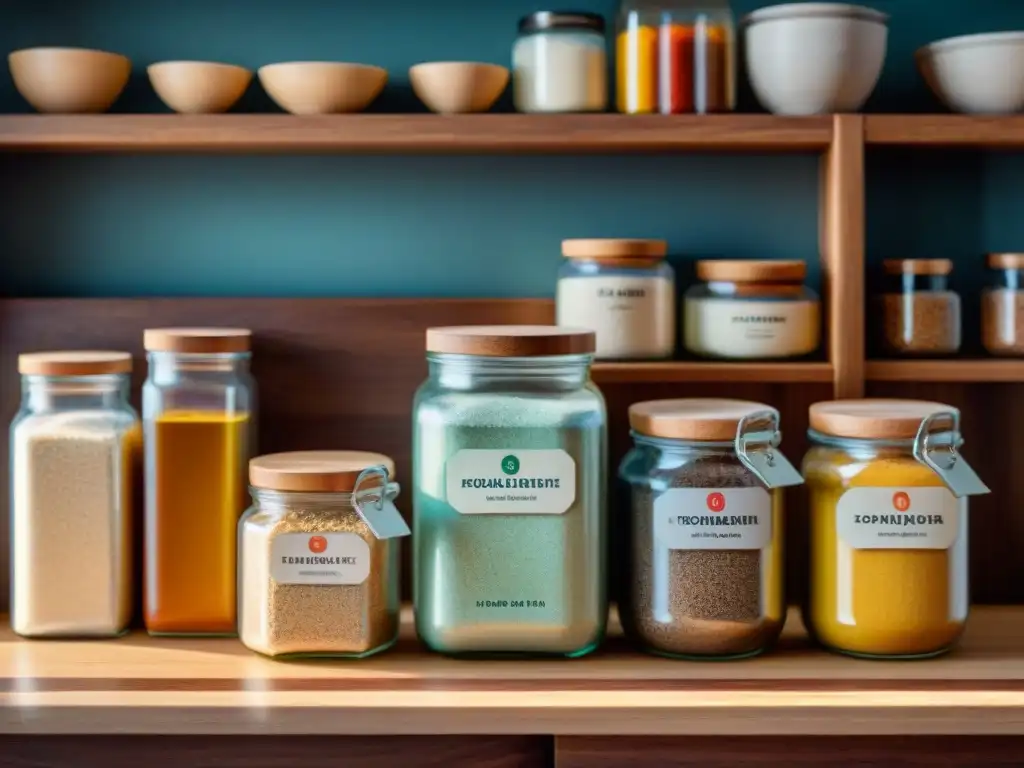 Escena serena de cocina con harinas sin gluten organizadas en una encimera de madera, evitando errores al hornear