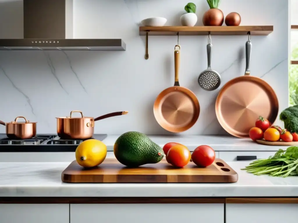 Una escena serena en la cocina, llena de luz natural y alimentos coloridos sobre una encimera de mármol blanco