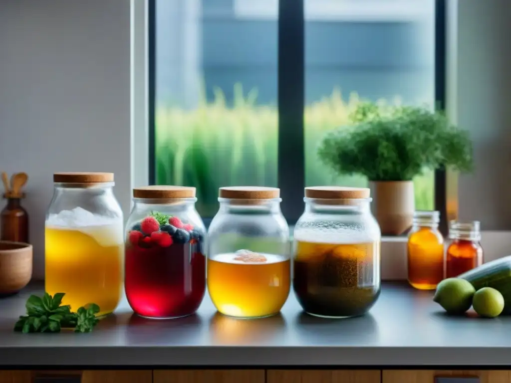 Escena serena de cocina moderna con equipamiento para hacer Kombucha: tarros de cristal con fermentación colorida y frutas frescas