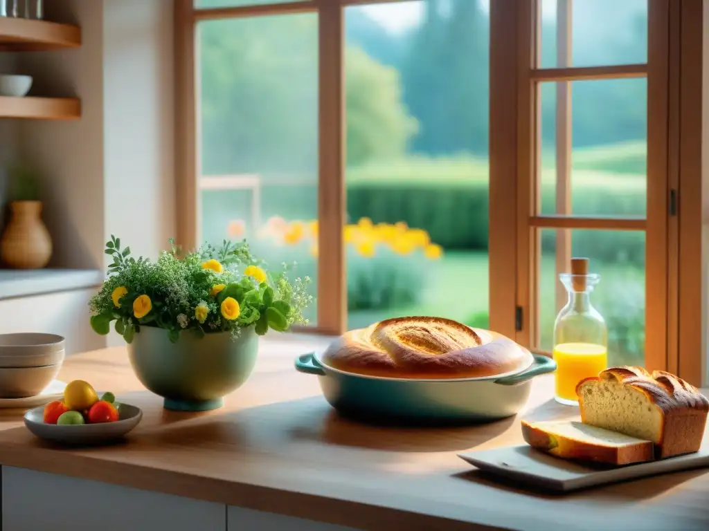 Una escena serena de cocina con platos sin gluten coloridos, libros y jardín al fondo