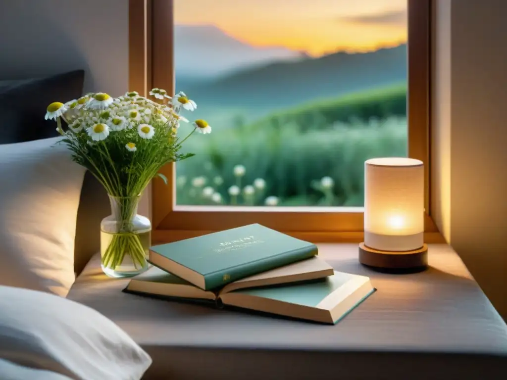 Escena serena de dormitorio nocturno con libro 'Dieta sin gluten y sueño', té de manzanilla y snacks sin gluten