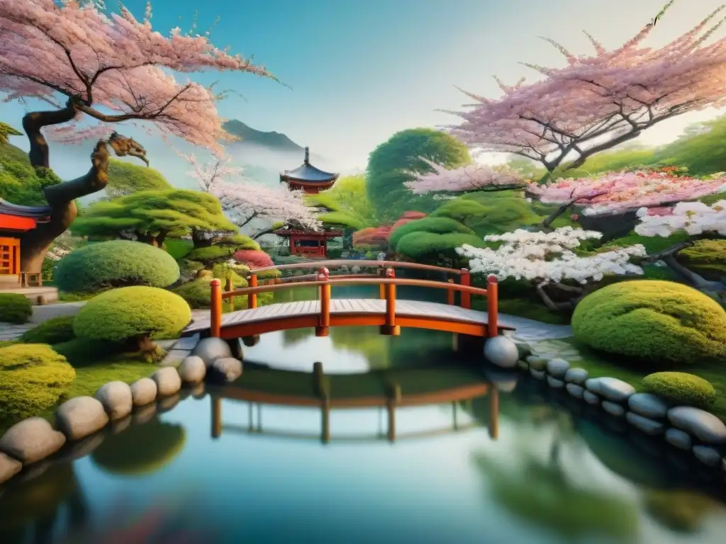 Escena serena de jardín japonés con puente de madera, estanque de peces koi y casa de té, rodeados de cerezos en flor