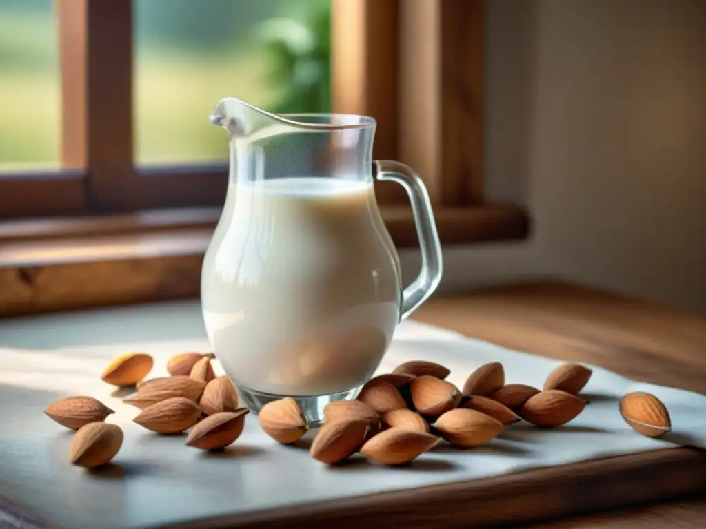 Una escena serena de leche de almendras sin gluten casera, con almendras crudas, vainas de vainilla y canela en una mesa rústica