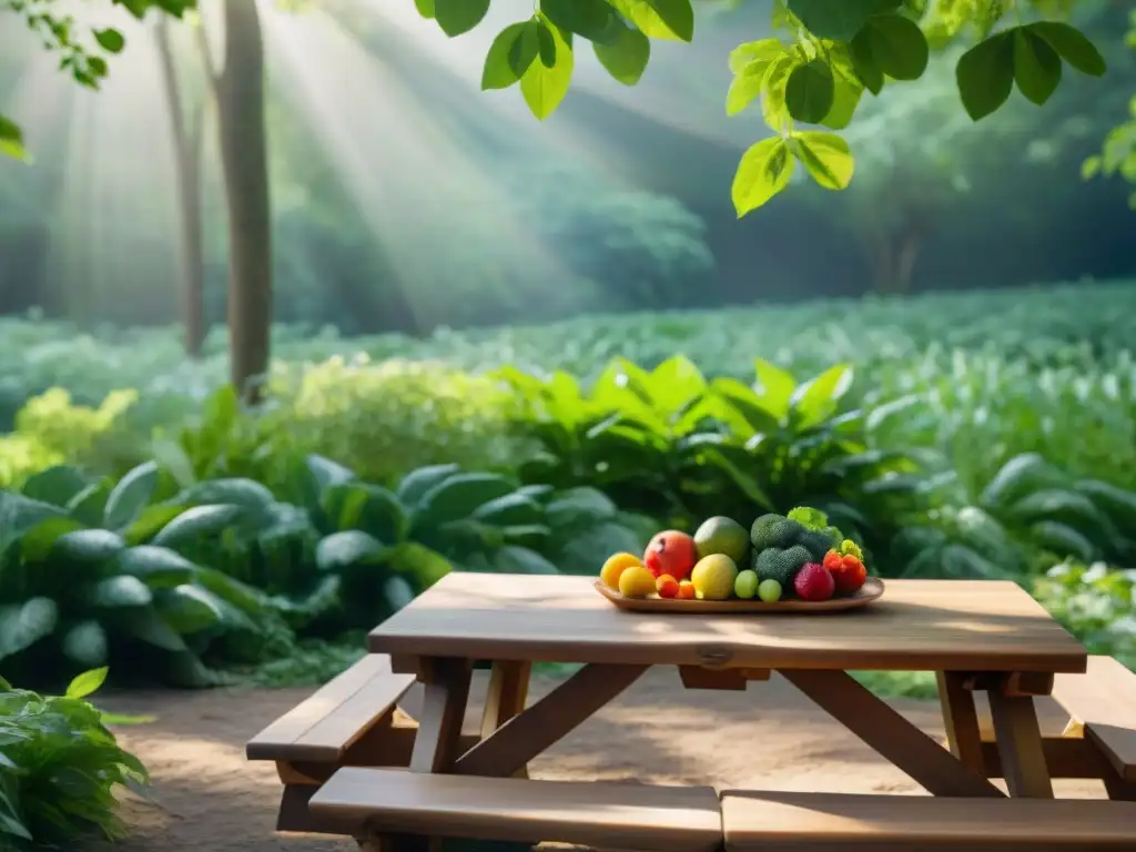 Escena serena en el bosque con mesa de picnic y alimentos sin gluten