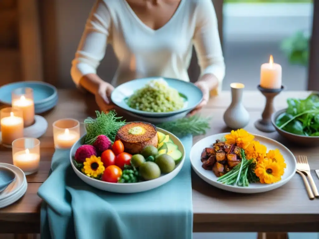 Una escena serena de una persona en una mesa elegante con platillos coloridos y sin gluten, creando un ambiente cálido