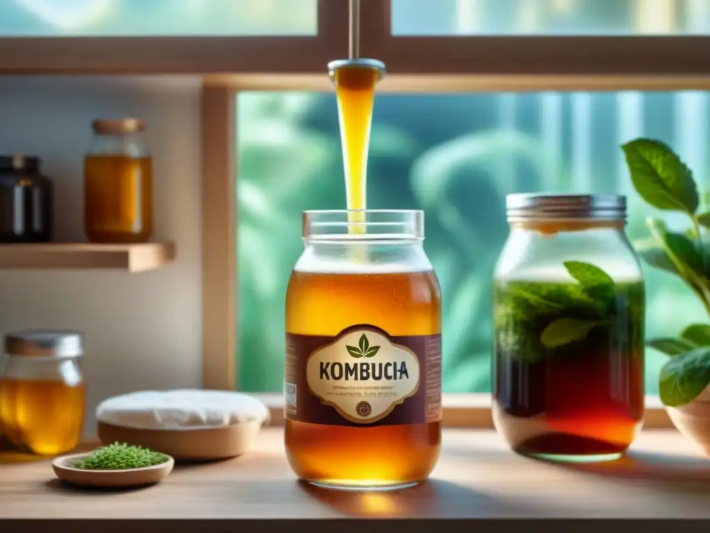 Escena serena con tarro de kombucha burbujeante rodeado de SCOBYs, destacando beneficios