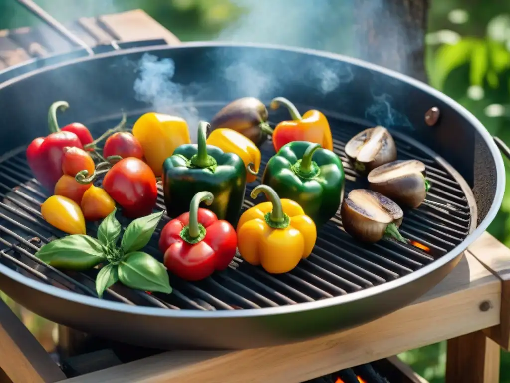 Una escena tentadora de cocina al aire libre con una parrilla rústica rodeada de ingredientes frescos y humo aromático