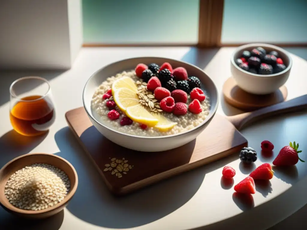 Cocina serena: Porridge sin Gluten y Receta Secreta Escena tranquila de cocina con porridge sin gluten, bayas vibrantes y té herbal
