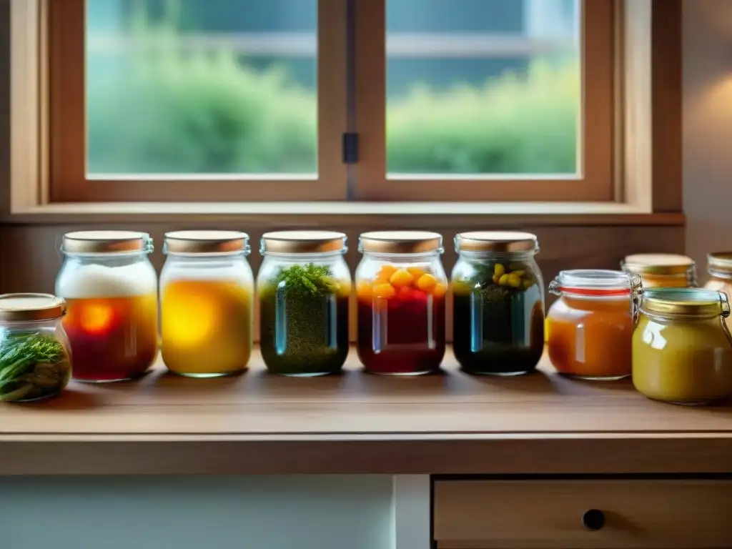 Escena tranquila de cocina con productos fermentados sin gluten, como vegetales fermentados y pan de masa madre, beneficiosa para la salud