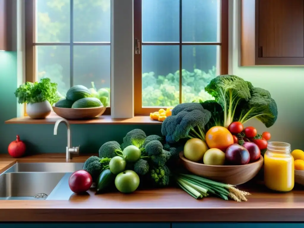 Escena tranquila en una cocina soleada con frutas, verduras y granos sin gluten, transmitiendo equilibrio y mindfulness en la alimentación