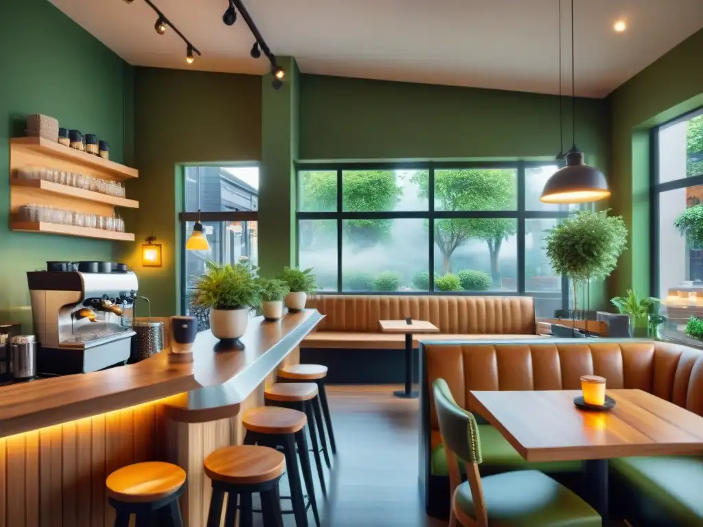 Escena tranquila en la mejor cafetería sin gluten 2021: diseño interior elegante, pastelería sin gluten, barista creando arte latte