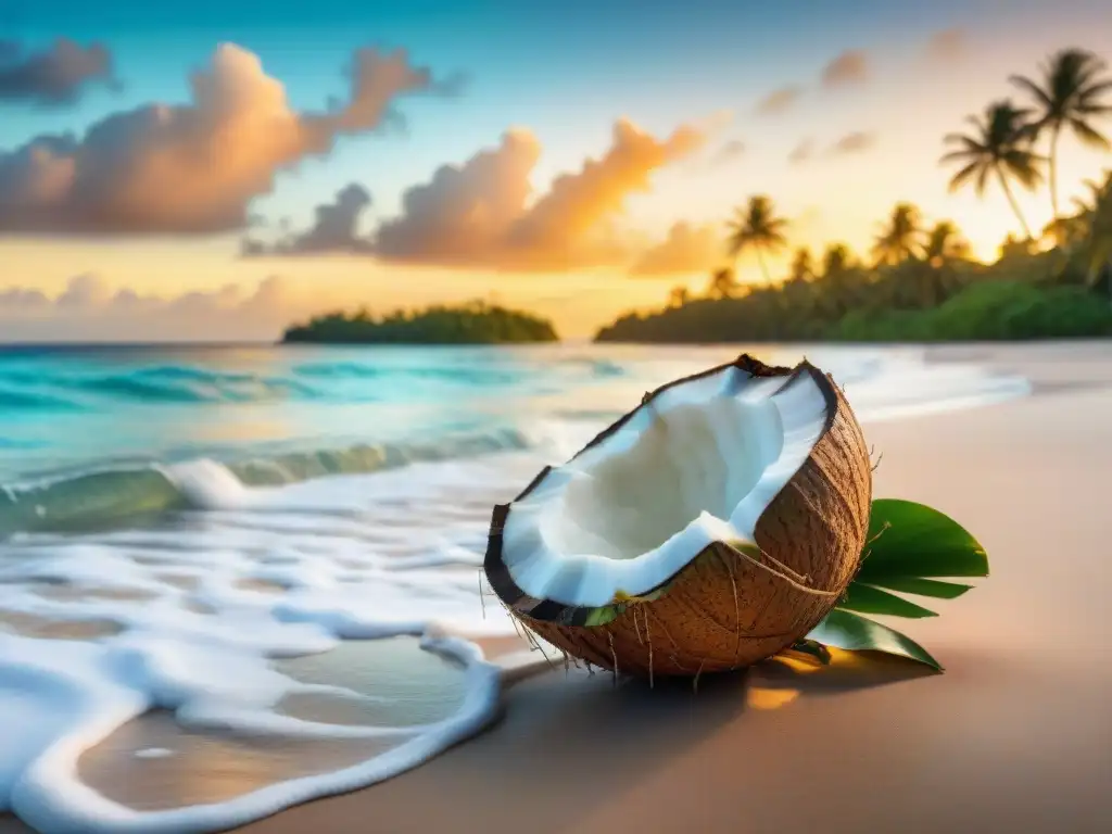 Escena tropical vibrante con palmera de coco cargada de cocos maduros, mar turquesa y cielo atardecer