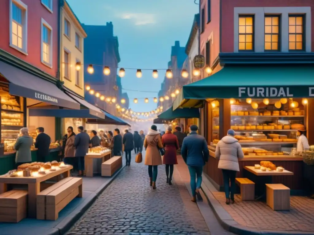 Escena urbana sin gluten: Calles animadas con cafeterías y panaderías, personas disfrutando pasteles sin gluten bajo luces cálidas