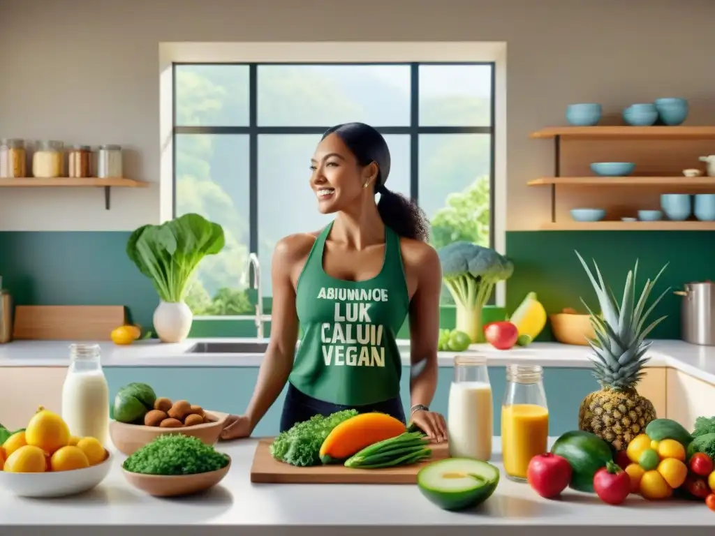 Una escena vibrante y acogedora de personas disfrutando de alimentos veganos ricos en calcio en una cocina colorida