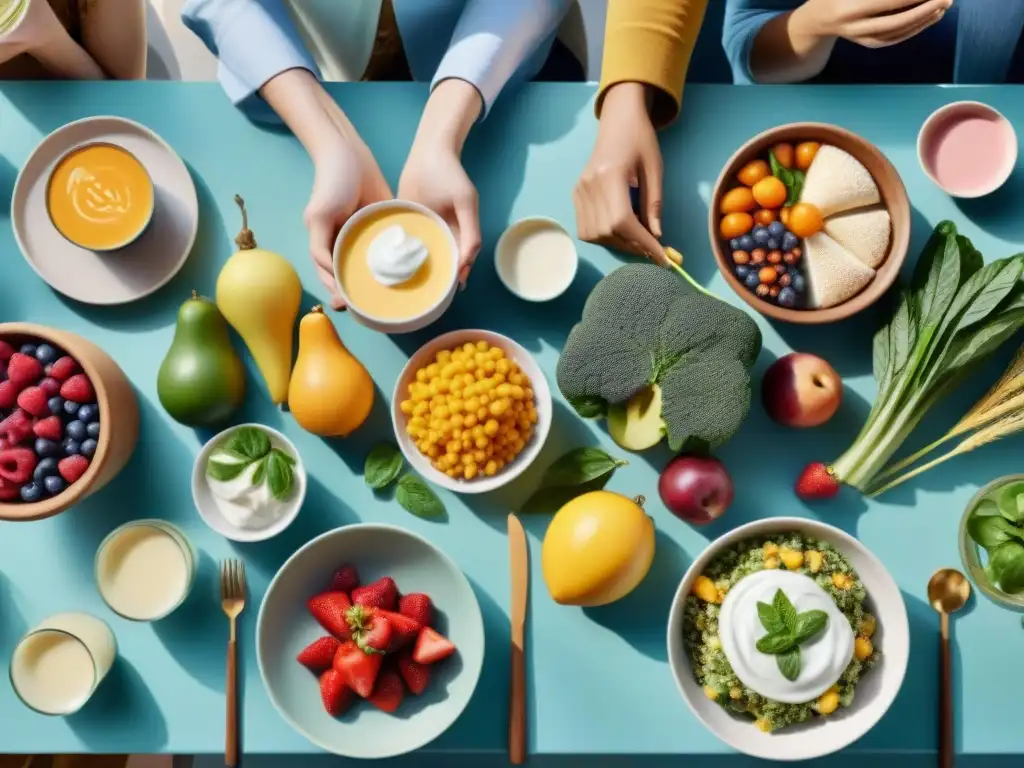 Una escena vibrante y acogedora de personas diversas disfrutando de alimentos prebióticos y probióticos sin gluten juntos